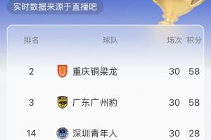 中甲实时积分榜：按目前比分铜梁龙将升超，广州豹第3，平果降级